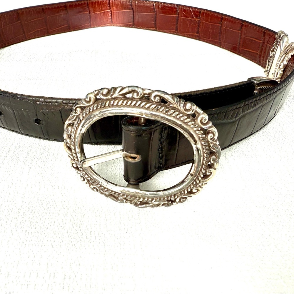 Brighton excellent condition. Black,Brown Leather Belt with Ornate Silver Buckle